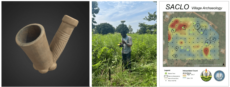 Left: 3D model of a Dahomean tabacco pipe from Saclo. | Center: Student surveying Saclo. Right: Artifact densities from Saclo, 2022.