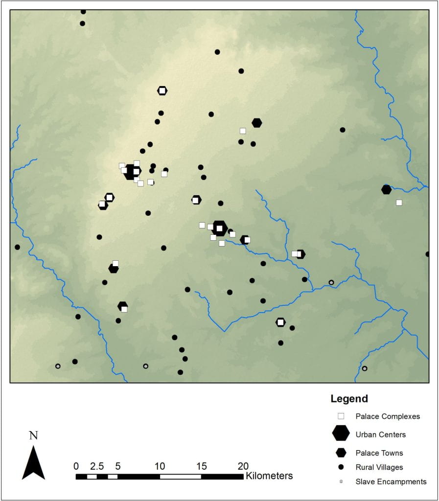 Abomey Plateau Archeological Project, Republic of Benin map with legend of palace complexes, urban centers, palace towns, rural villages, and slave encampments dotted on greenspace