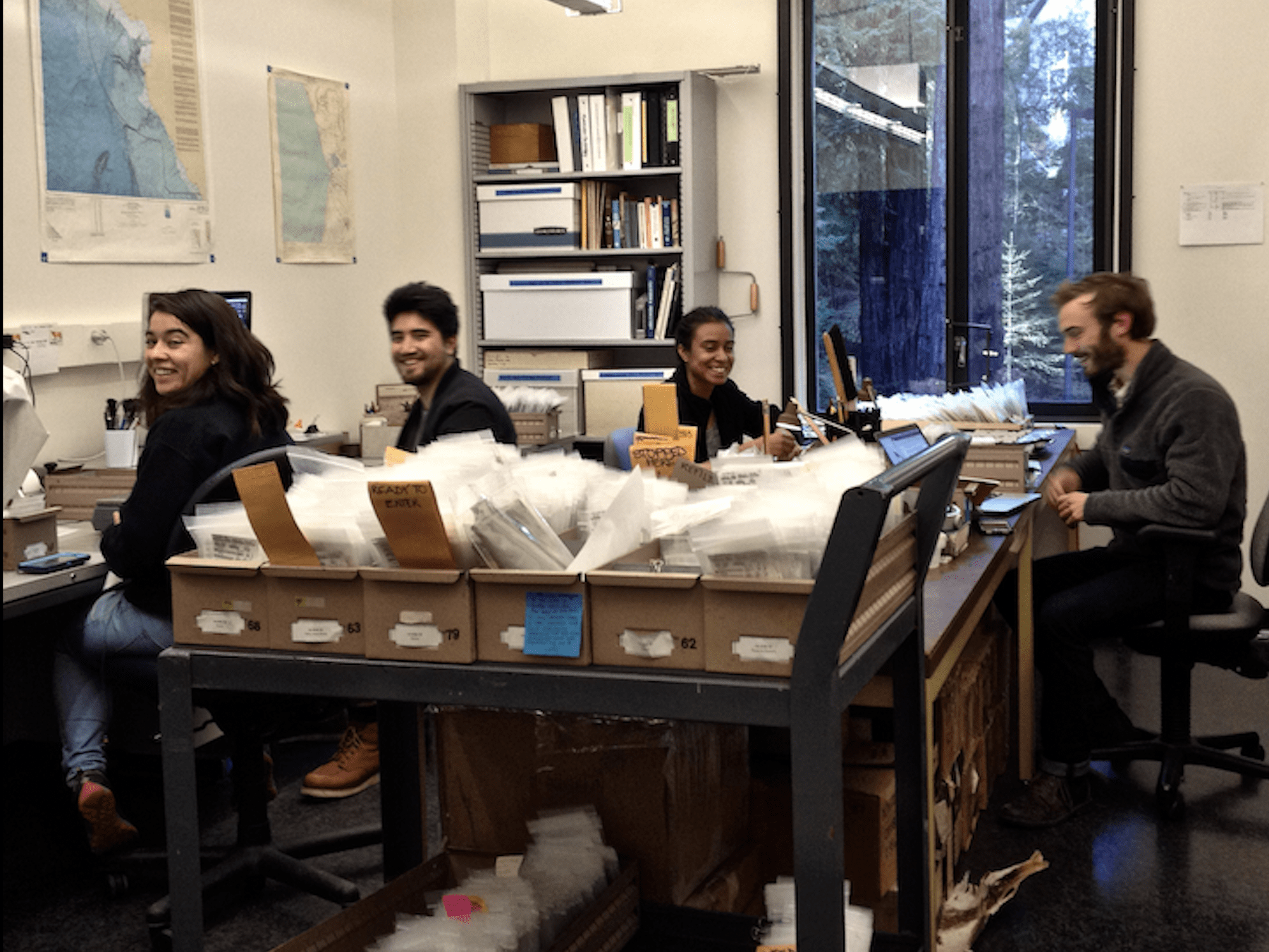 four students in the mammal and bird historical ecology lab